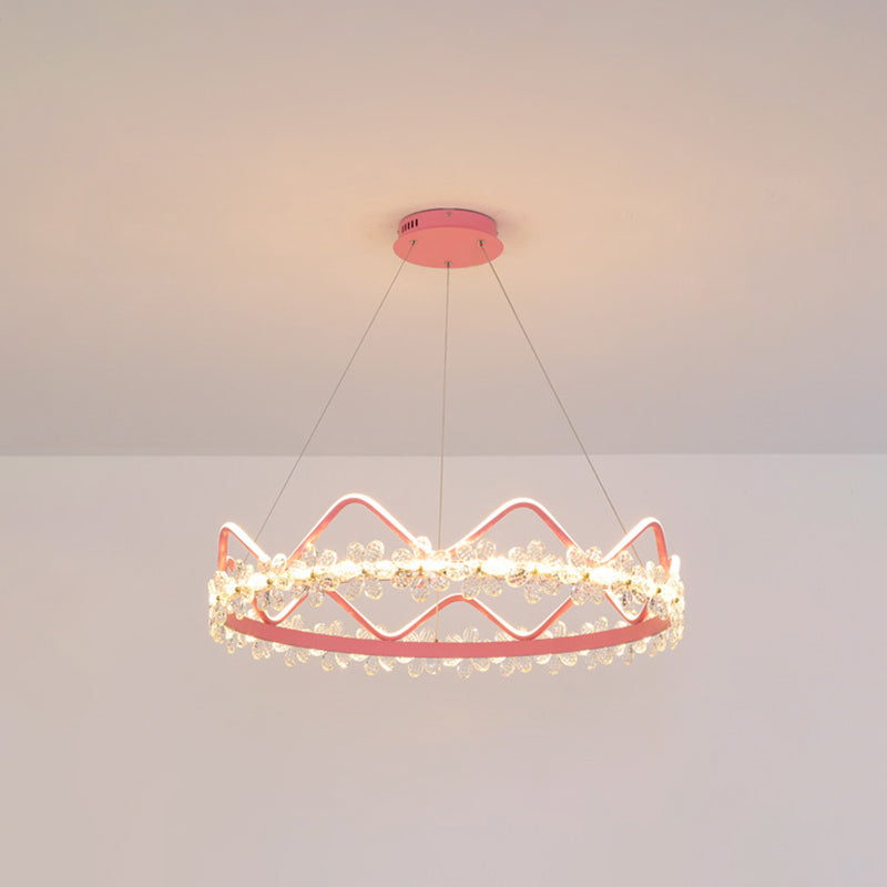 1 Light Crown Hanging Pendant Light Nordic Style Crystal Suspended Lighting Fixture for Living Room Pink 32.5" Warm Clearhalo 'Ceiling Lights' 'Pendant Lights' 'Pendants' Lighting' 2579215