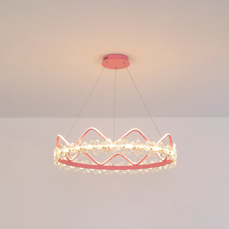 1 Light Crown Hanging Pendant Light Nordic Style Crystal Suspended Lighting Fixture for Living Room Pink 32.5" Third Gear Clearhalo 'Ceiling Lights' 'Pendant Lights' 'Pendants' Lighting' 2579217