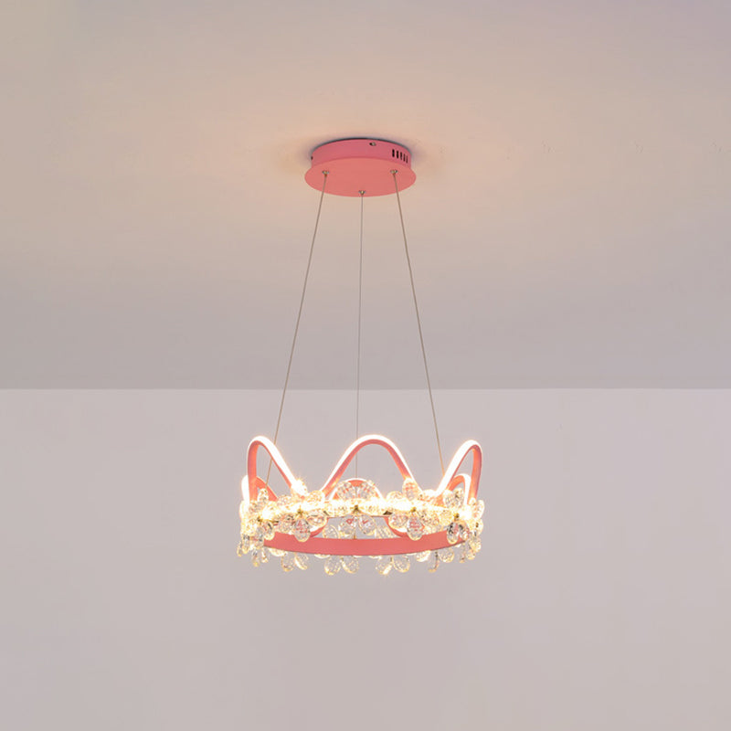 1 Light Crown Hanging Pendant Light Nordic Style Crystal Suspended Lighting Fixture for Living Room Pink 17" Warm Clearhalo 'Ceiling Lights' 'Pendant Lights' 'Pendants' Lighting' 2579218