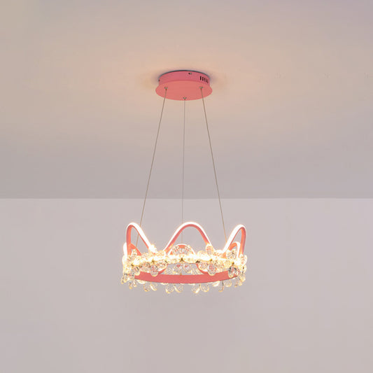 1 Light Crown Hanging Pendant Light Nordic Style Crystal Suspended Lighting Fixture for Living Room Pink 17" Warm Clearhalo 'Ceiling Lights' 'Pendant Lights' 'Pendants' Lighting' 2579218
