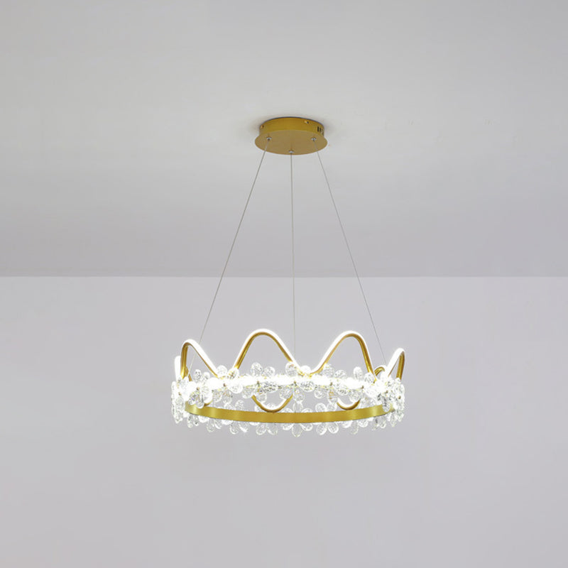 1 Light Crown Hanging Pendant Light Nordic Style Crystal Suspended Lighting Fixture for Living Room Gold 25" White Clearhalo 'Ceiling Lights' 'Pendant Lights' 'Pendants' Lighting' 2579223