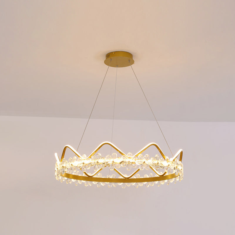 1 Light Crown Hanging Pendant Light Nordic Style Crystal Suspended Lighting Fixture for Living Room Gold 32.5" Warm Clearhalo 'Ceiling Lights' 'Pendant Lights' 'Pendants' Lighting' 2579227