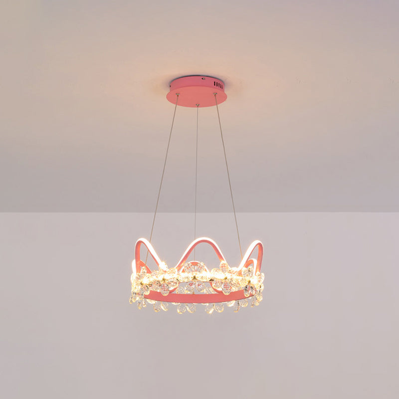 1 Light Crown Hanging Pendant Light Nordic Style Crystal Suspended Lighting Fixture for Living Room Pink 17" Remote Control Stepless Dimming Clearhalo 'Ceiling Lights' 'Pendant Lights' 'Pendants' Lighting' 2579228