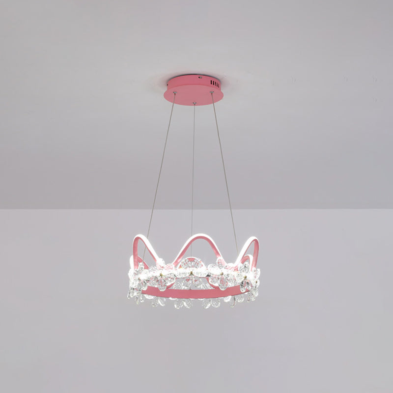 1 Light Crown Hanging Pendant Light Nordic Style Crystal Suspended Lighting Fixture for Living Room Pink 17" White Clearhalo 'Ceiling Lights' 'Pendant Lights' 'Pendants' Lighting' 2579231