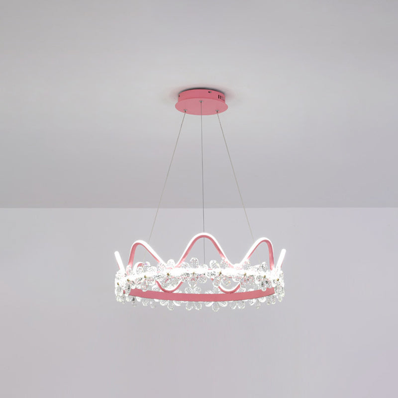 1 Light Crown Hanging Pendant Light Nordic Style Crystal Suspended Lighting Fixture for Living Room Pink 25" White Clearhalo 'Ceiling Lights' 'Pendant Lights' 'Pendants' Lighting' 2579232