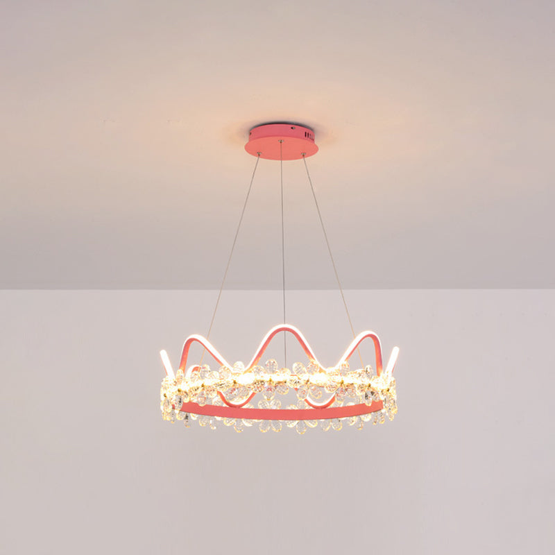 1 Light Crown Hanging Pendant Light Nordic Style Crystal Suspended Lighting Fixture for Living Room Pink 25" Warm Clearhalo 'Ceiling Lights' 'Pendant Lights' 'Pendants' Lighting' 2579235