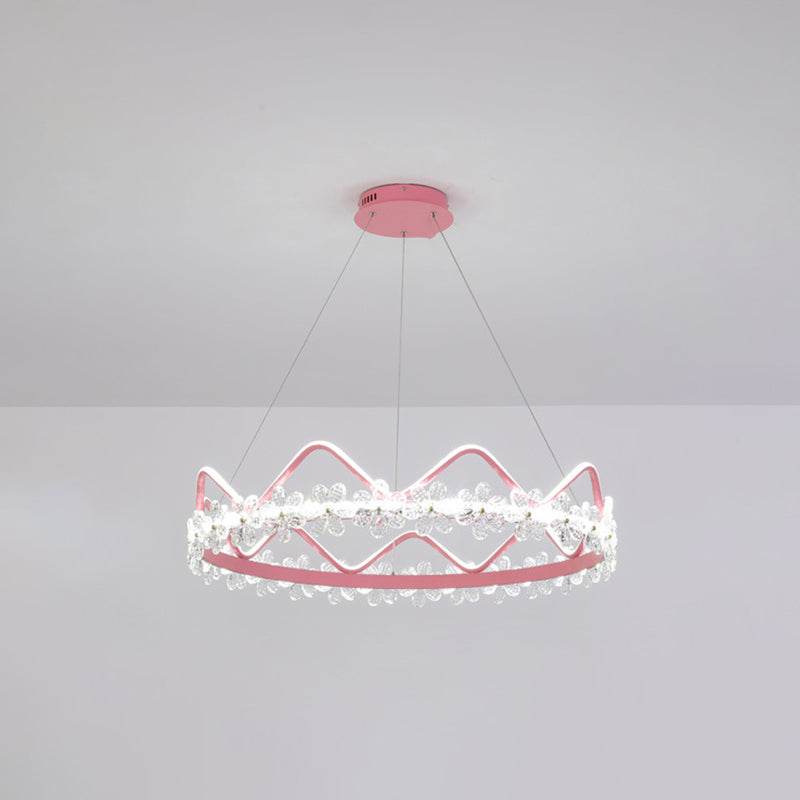 1 Light Crown Hanging Pendant Light Nordic Style Crystal Suspended Lighting Fixture for Living Room Pink 32.5" White Clearhalo 'Ceiling Lights' 'Pendant Lights' 'Pendants' Lighting' 2579249