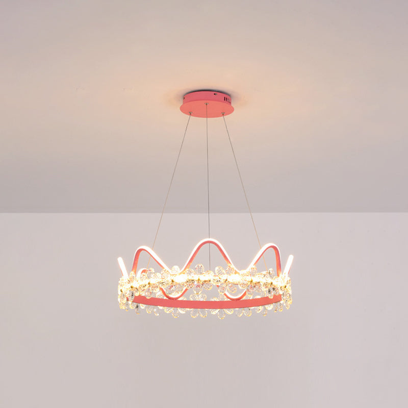 1 Light Crown Hanging Pendant Light Nordic Style Crystal Suspended Lighting Fixture for Living Room Pink 25" Remote Control Stepless Dimming Clearhalo 'Ceiling Lights' 'Pendant Lights' 'Pendants' Lighting' 2579252