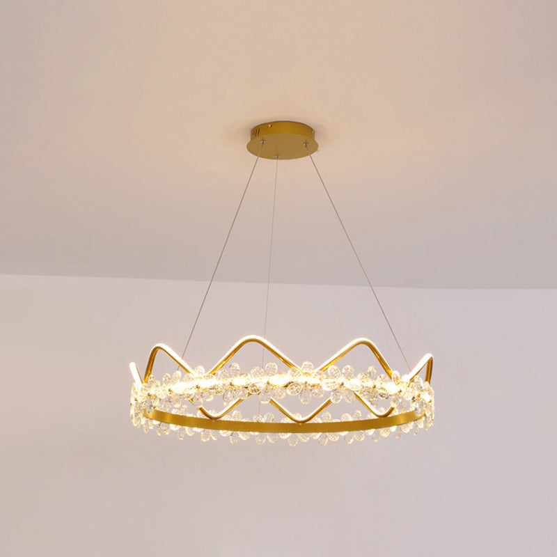 1 Light Crown Hanging Pendant Light Nordic Style Crystal Suspended Lighting Fixture for Living Room Gold 32.5" Remote Control Stepless Dimming Clearhalo 'Ceiling Lights' 'Pendant Lights' 'Pendants' Lighting' 2579254