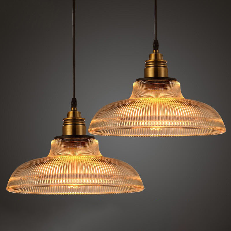 1-Light Dome Pendant Lamp Retro Industrial Ribbed Glass Restaurant Hanging Lamp Clearhalo 'Ceiling Lights' 'Glass shade' 'Glass' 'Industrial Pendants' 'Industrial' 'Middle Century Pendants' 'Pendant Lights' 'Pendants' 'Tiffany' Lighting' 2579275