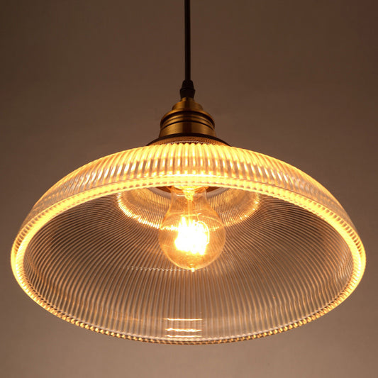 1-Light Dome Pendant Lamp Retro Industrial Ribbed Glass Restaurant Hanging Lamp Clearhalo 'Ceiling Lights' 'Glass shade' 'Glass' 'Industrial Pendants' 'Industrial' 'Middle Century Pendants' 'Pendant Lights' 'Pendants' 'Tiffany' Lighting' 2579276