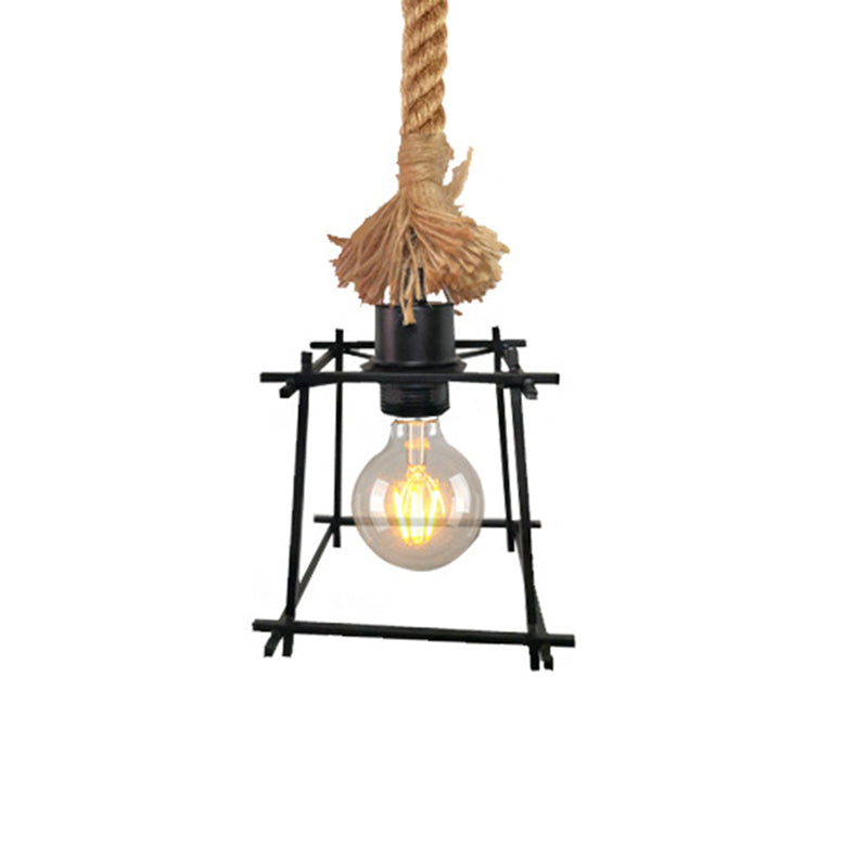 Metal Trapezoid Cage Ceiling Light Retro Style 1 Bulb Black Pendant Lamp with Adjustable Rope for Living Room Clearhalo 'Art Deco Pendants' 'Black' 'Cast Iron' 'Ceiling Lights' 'Ceramic' 'Crystal' 'Industrial Pendants' 'Industrial' 'Metal' 'Middle Century Pendants' 'Pendant Lights' 'Pendants' 'Rustic Pendants' 'Tiffany' Lighting' 257928