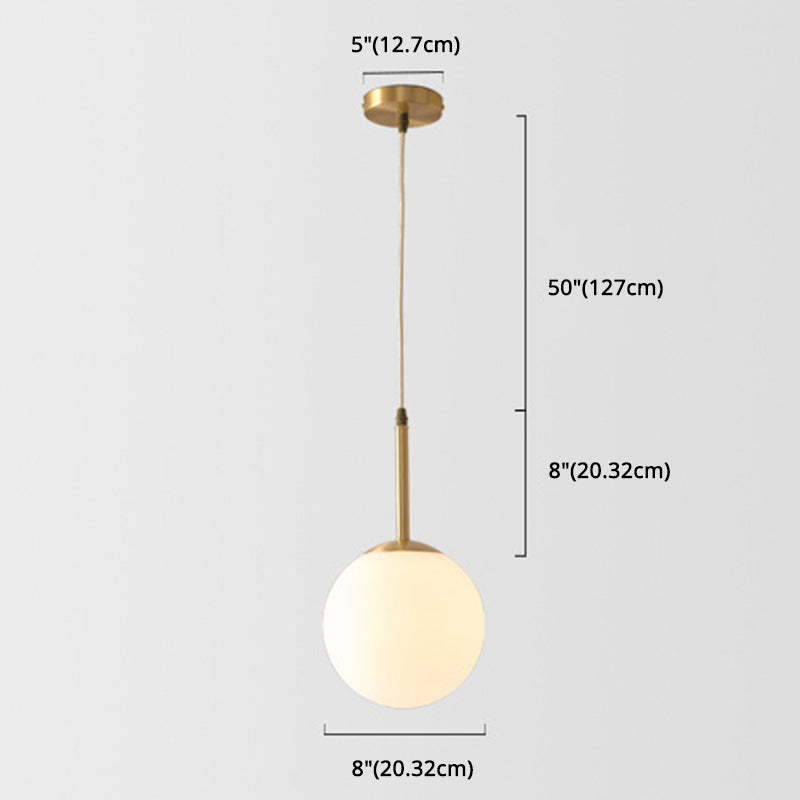 Brass 1-Light Pendant Light Mid-Century Modern Spherical White Glass Hanging Lamp Clearhalo 'Ceiling Lights' 'Glass shade' 'Glass' 'Modern Pendants' 'Modern' 'Pendant Lights' 'Pendants' Lighting' 2579345