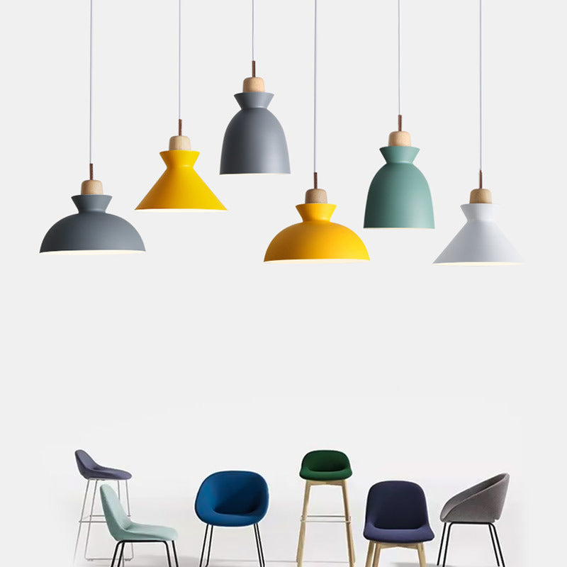 Modern Minimalist Wooden Top Pendant Light Metal Colorful Macarons 1-Light Pendant Lighting Clearhalo 'Ceiling Lights' 'Pendant Lights' 'Pendants' Lighting' options 2579393