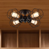 Cage Shade Metal Semi Flush Pendant Light Industrial 4 Heads Black Semi Mount Lighting for Living Room Black Clearhalo 'Ceiling Lights' 'Close To Ceiling Lights' 'Close to ceiling' 'Semi-flushmount' Lighting' 257962