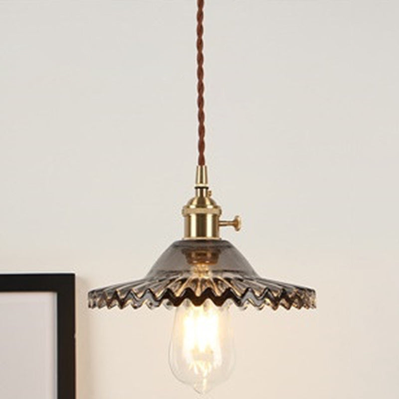 Scalloped Glass Shade Hanging Ceiling Light Vintage Industrial 1-Light Living Room Drop Pendant Smoke Gray Clearhalo 'Ceiling Lights' 'Glass shade' 'Glass' 'Industrial Pendants' 'Industrial' 'Middle Century Pendants' 'Pendant Lights' 'Pendants' 'Tiffany' Lighting' 2579646