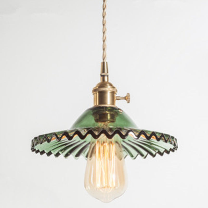 Scalloped Glass Shade Hanging Ceiling Light Vintage Industrial 1-Light Living Room Drop Pendant Green Clearhalo 'Ceiling Lights' 'Glass shade' 'Glass' 'Industrial Pendants' 'Industrial' 'Middle Century Pendants' 'Pendant Lights' 'Pendants' 'Tiffany' Lighting' 2579649