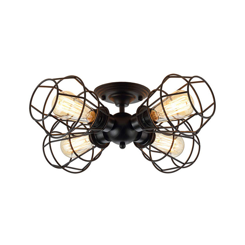 Cage Shade Metal Semi Flush Pendant Light Industrial 4 Heads Black Semi Mount Lighting for Living Room Clearhalo 'Ceiling Lights' 'Close To Ceiling Lights' 'Close to ceiling' 'Semi-flushmount' Lighting' 257965