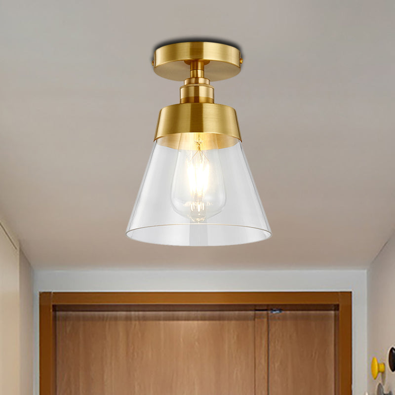 Cone Clear Glass Ceiling Flush Mount Industrial 1 Light Brass Finish Semi Flush Pendant Light for Balcony Brass Clearhalo 'Ceiling Lights' 'Close To Ceiling Lights' 'Close to ceiling' 'Semi-flushmount' Lighting' 257967