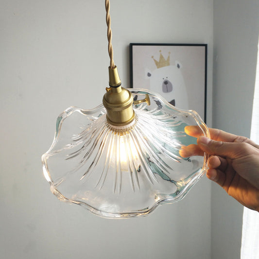 Vintage Scalloped Hanging Light with Textured Glass Shade 1 Light Pendant Lamp in Polished Brass Clearhalo 'Ceiling Lights' 'Glass shade' 'Glass' 'Industrial Pendants' 'Industrial' 'Middle Century Pendants' 'Pendant Lights' 'Pendants' 'Tiffany' Lighting' 2579671