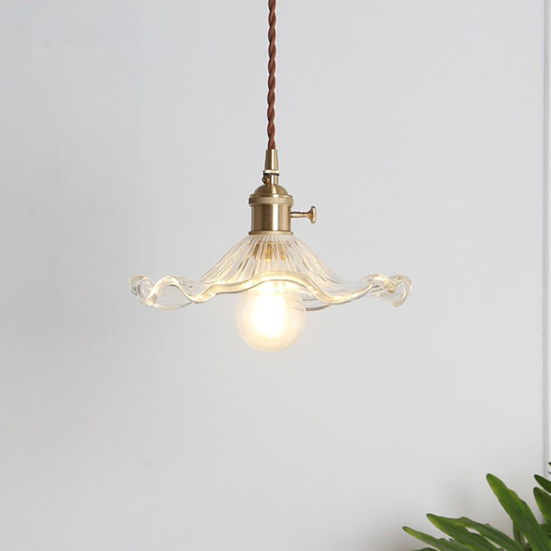 Vintage Scalloped Hanging Light with Textured Glass Shade 1 Light Pendant Lamp in Polished Brass Clearhalo 'Ceiling Lights' 'Glass shade' 'Glass' 'Industrial Pendants' 'Industrial' 'Middle Century Pendants' 'Pendant Lights' 'Pendants' 'Tiffany' Lighting' 2579673