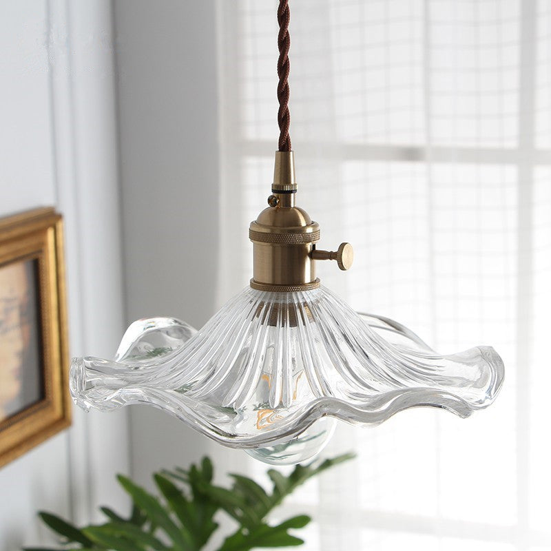 Vintage Scalloped Hanging Light with Textured Glass Shade 1 Light Pendant Lamp in Polished Brass Clearhalo 'Ceiling Lights' 'Glass shade' 'Glass' 'Industrial Pendants' 'Industrial' 'Middle Century Pendants' 'Pendant Lights' 'Pendants' 'Tiffany' Lighting' 2579674