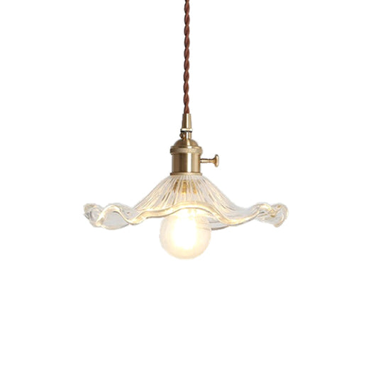 Vintage Scalloped Hanging Light with Textured Glass Shade 1 Light Pendant Lamp in Polished Brass Clear Clearhalo 'Ceiling Lights' 'Glass shade' 'Glass' 'Industrial Pendants' 'Industrial' 'Middle Century Pendants' 'Pendant Lights' 'Pendants' 'Tiffany' Lighting' 2579675