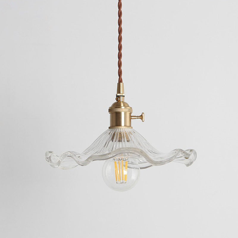 Vintage Scalloped Hanging Light with Textured Glass Shade 1 Light Pendant Lamp in Polished Brass Clearhalo 'Ceiling Lights' 'Glass shade' 'Glass' 'Industrial Pendants' 'Industrial' 'Middle Century Pendants' 'Pendant Lights' 'Pendants' 'Tiffany' Lighting' 2579676