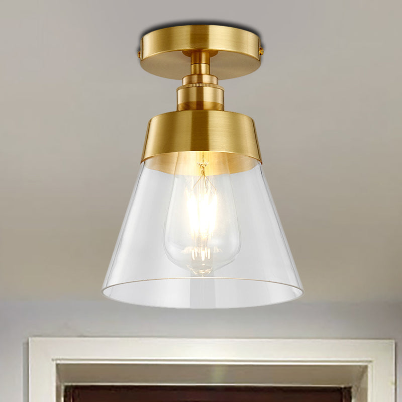 Cone Clear Glass Ceiling Flush Mount Industrial 1 Light Brass Finish Semi Flush Pendant Light for Balcony Clearhalo 'Ceiling Lights' 'Close To Ceiling Lights' 'Close to ceiling' 'Semi-flushmount' Lighting' 257968