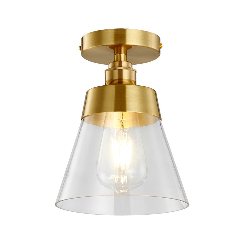 Cone Clear Glass Ceiling Flush Mount Industrial 1 Light Brass Finish Semi Flush Pendant Light for Balcony Clearhalo 'Ceiling Lights' 'Close To Ceiling Lights' 'Close to ceiling' 'Semi-flushmount' Lighting' 257970