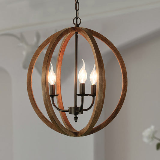 Wooden Spherical Hanging Fixture Loft Industrial 3 Lights Chandelier Pendant Light in Brown for Dining Room Brown Clearhalo 'Carpenter Chandeliers' 'Ceiling Lights' 'Chandeliers' 'Industrial Chandeliers' 'Industrial' 'Middle Century Chandeliers' 'Modern' 'Tiffany' Lighting' 257991