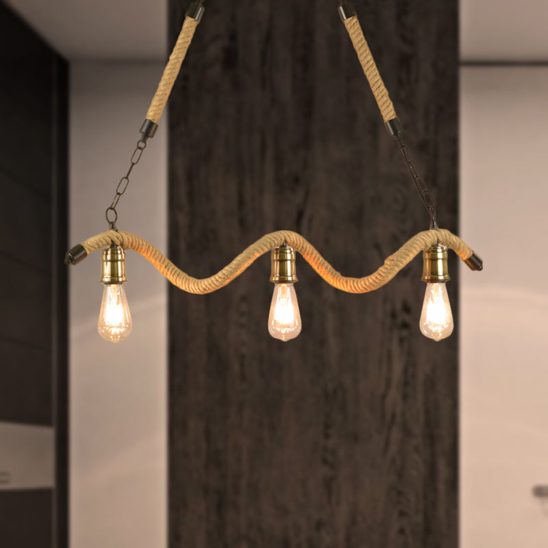 Exposed Bulb Hanging Island Light Loft Stylish Rope 3 Lights Dining Room Island Lighting with Wavy Design in Beige Beige Clearhalo 'Ceiling Lights' 'Island Lights' Lighting' 258008