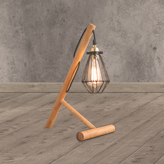 Metallic Caged Table Lighting Industrial Style 1 Light Beige Table Lamp with Wooden Base for Living Room Beige Clearhalo 'Lamps' 'Table Lamps' Lighting' 258056