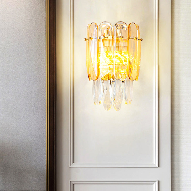 Half-Cylinder Wall Light Postmodern Faceted Crystal 2 Heads Gold Sconce Light for bedroom Clearhalo 'Modern wall lights' 'Modern' 'Wall Lamps & Sconces' 'Wall Lights' Lighting' 258651