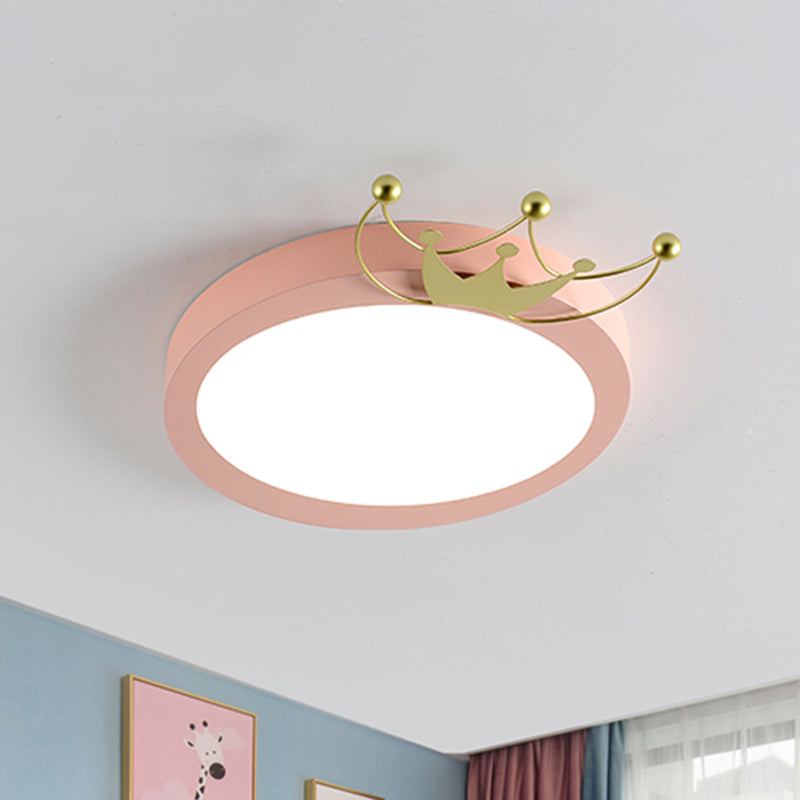 Nordic Drum Flushmount Lighting with Gold Crown 1 Head Led Blue/Pink Flush Light for Kids, Warm/White Light Pink Clearhalo 'Ceiling Lights' 'Close To Ceiling Lights' 'Close to ceiling' 'Flush mount' Lighting' 258749