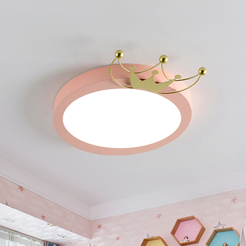 Nordic Drum Flushmount Lighting with Gold Crown 1 Head Led Blue/Pink Flush Light for Kids, Warm/White Light Clearhalo 'Ceiling Lights' 'Close To Ceiling Lights' 'Close to ceiling' 'Flush mount' Lighting' 258750