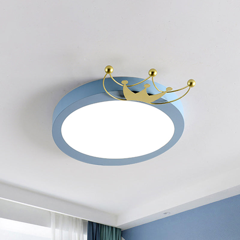 Nordic Drum Flushmount Lighting with Gold Crown 1 Head Led Blue/Pink Flush Light for Kids, Warm/White Light Blue Clearhalo 'Ceiling Lights' 'Close To Ceiling Lights' 'Close to ceiling' 'Flush mount' Lighting' 258754