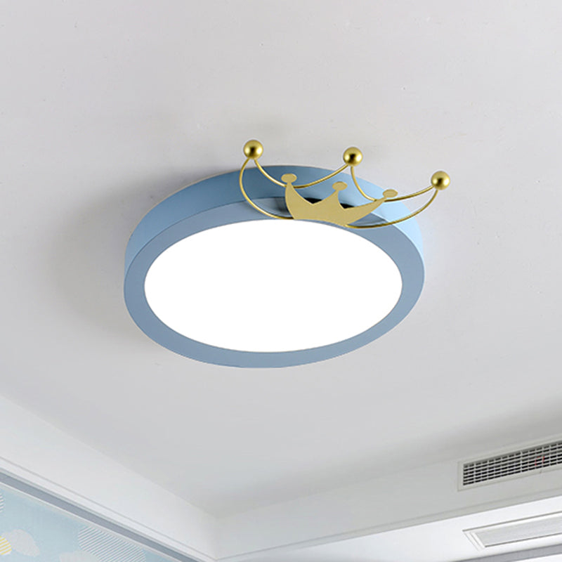 Nordic Drum Flushmount Lighting with Gold Crown 1 Head Led Blue/Pink Flush Light for Kids, Warm/White Light Clearhalo 'Ceiling Lights' 'Close To Ceiling Lights' 'Close to ceiling' 'Flush mount' Lighting' 258755