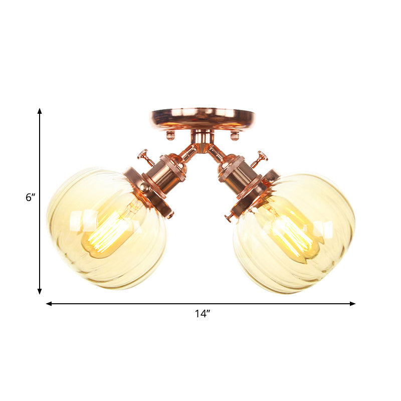 Amber/Clear Glass Ball Semi Flush Pendant Light Industrial Style 2 Heads Black/Bronze Ceiling Mounted Lamp for Restaurant Clearhalo 'Ceiling Lights' 'Close To Ceiling Lights' 'Close to ceiling' 'Glass shade' 'Glass' 'Semi-flushmount' Lighting' 258758