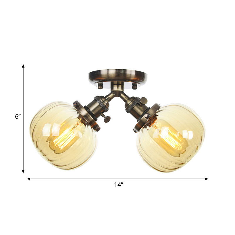 Amber/Clear Glass Ball Semi Flush Pendant Light Industrial Style 2 Heads Black/Bronze Ceiling Mounted Lamp for Restaurant Clearhalo 'Ceiling Lights' 'Close To Ceiling Lights' 'Close to ceiling' 'Glass shade' 'Glass' 'Semi-flushmount' Lighting' 258760