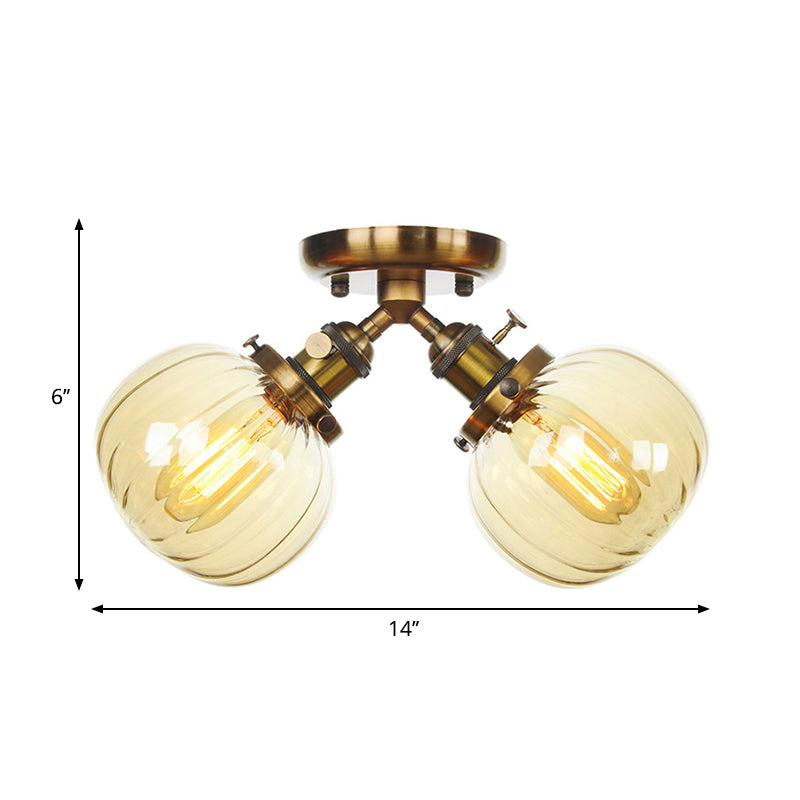Amber/Clear Glass Ball Semi Flush Pendant Light Industrial Style 2 Heads Black/Bronze Ceiling Mounted Lamp for Restaurant Clearhalo 'Ceiling Lights' 'Close To Ceiling Lights' 'Close to ceiling' 'Glass shade' 'Glass' 'Semi-flushmount' Lighting' 258762