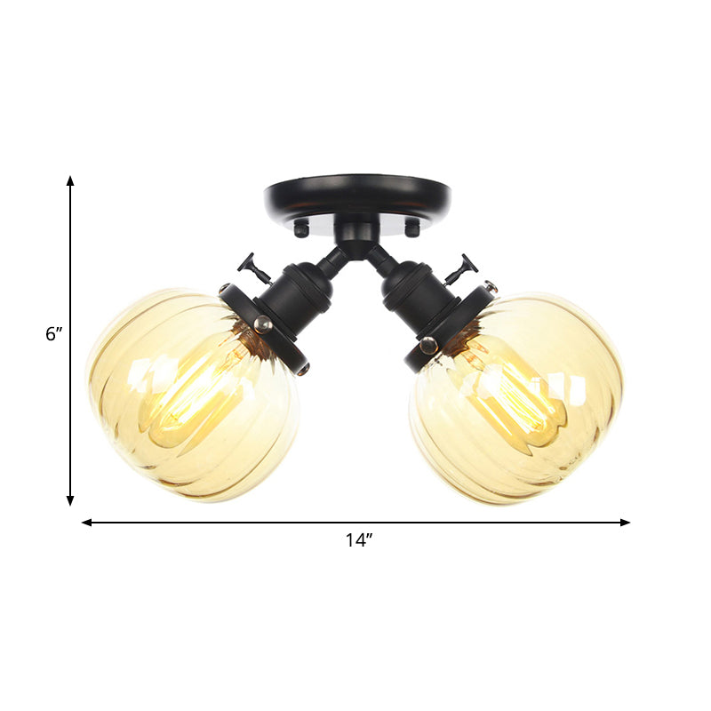 Amber/Clear Glass Ball Semi Flush Pendant Light Industrial Style 2 Heads Black/Bronze Ceiling Mounted Lamp for Restaurant Clearhalo 'Ceiling Lights' 'Close To Ceiling Lights' 'Close to ceiling' 'Glass shade' 'Glass' 'Semi-flushmount' Lighting' 258765