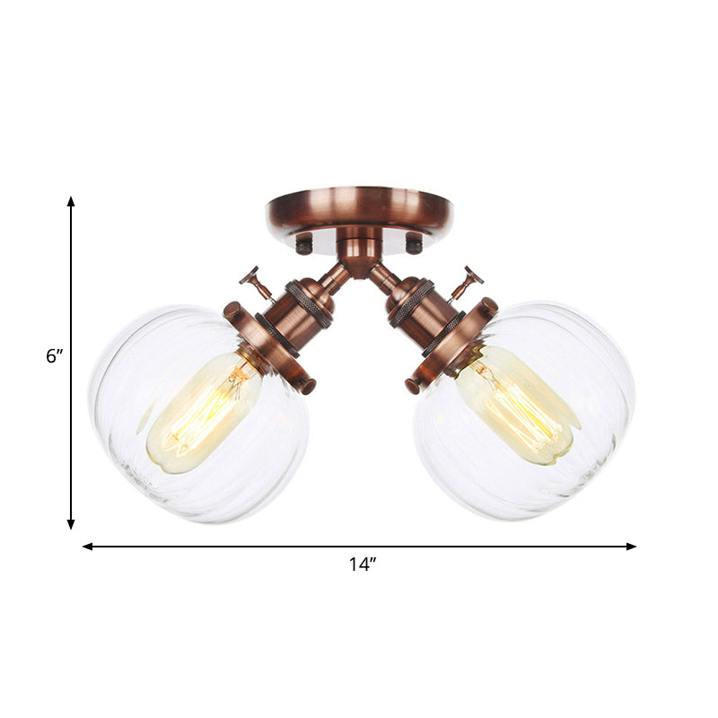 Amber/Clear Glass Ball Semi Flush Pendant Light Industrial Style 2 Heads Black/Bronze Ceiling Mounted Lamp for Restaurant Clearhalo 'Ceiling Lights' 'Close To Ceiling Lights' 'Close to ceiling' 'Glass shade' 'Glass' 'Semi-flushmount' Lighting' 258766