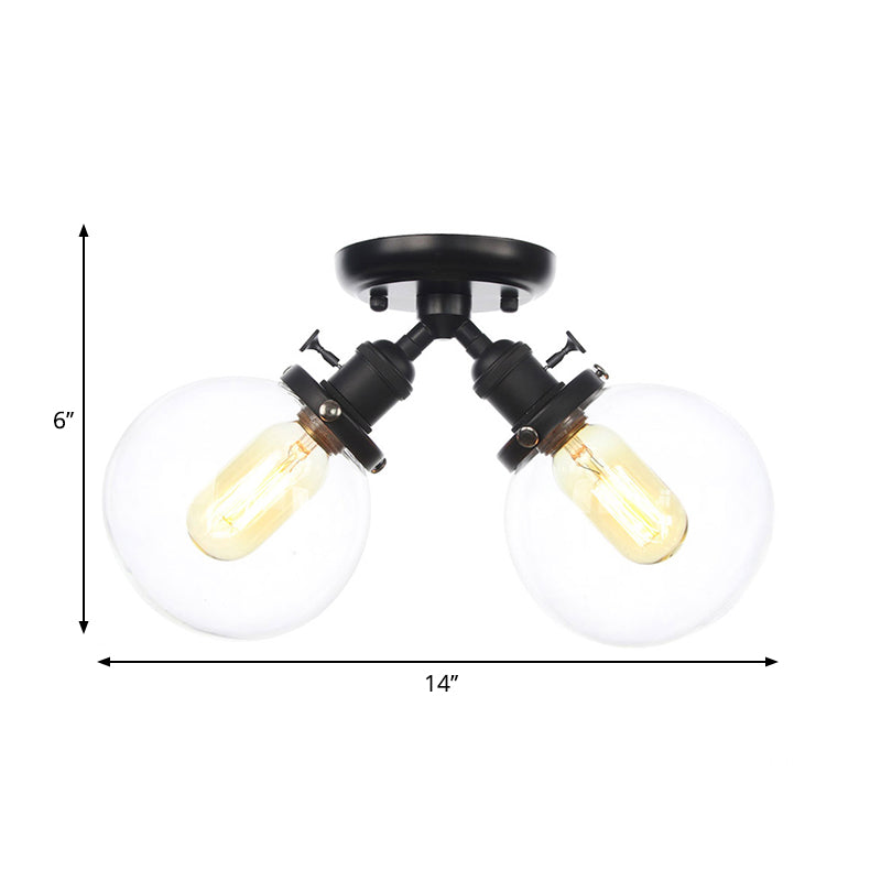 Global Restaurant Semi Flush Light Metal and Amber/Clear Glass 2 Heads Farmhouse Style Ceiling Lamp in Black/Bronze Clearhalo 'Ceiling Lights' 'Close To Ceiling Lights' 'Close to ceiling' 'Semi-flushmount' Lighting' 258769