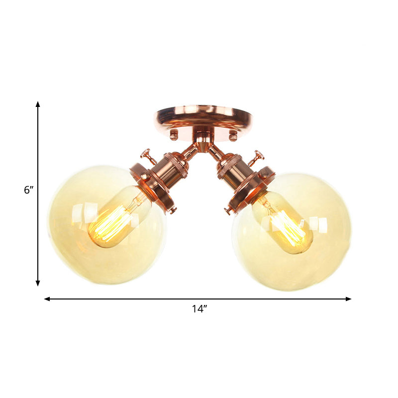 Global Restaurant Semi Flush Light Metal and Amber/Clear Glass 2 Heads Farmhouse Style Ceiling Lamp in Black/Bronze Clearhalo 'Ceiling Lights' 'Close To Ceiling Lights' 'Close to ceiling' 'Semi-flushmount' Lighting' 258770