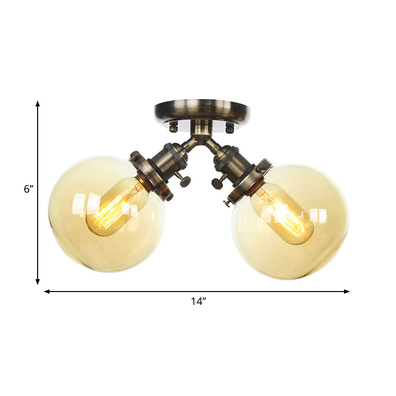 Global Restaurant Semi Flush Light Metal and Amber/Clear Glass 2 Heads Farmhouse Style Ceiling Lamp in Black/Bronze Clearhalo 'Ceiling Lights' 'Close To Ceiling Lights' 'Close to ceiling' 'Semi-flushmount' Lighting' 258772