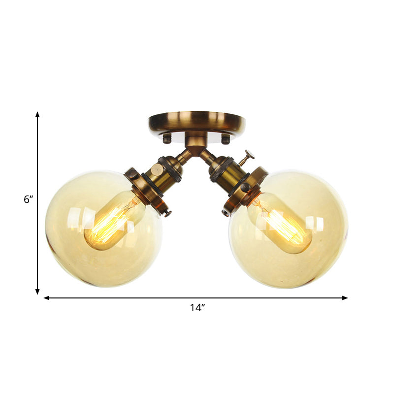 Global Restaurant Semi Flush Light Metal and Amber/Clear Glass 2 Heads Farmhouse Style Ceiling Lamp in Black/Bronze Clearhalo 'Ceiling Lights' 'Close To Ceiling Lights' 'Close to ceiling' 'Semi-flushmount' Lighting' 258774