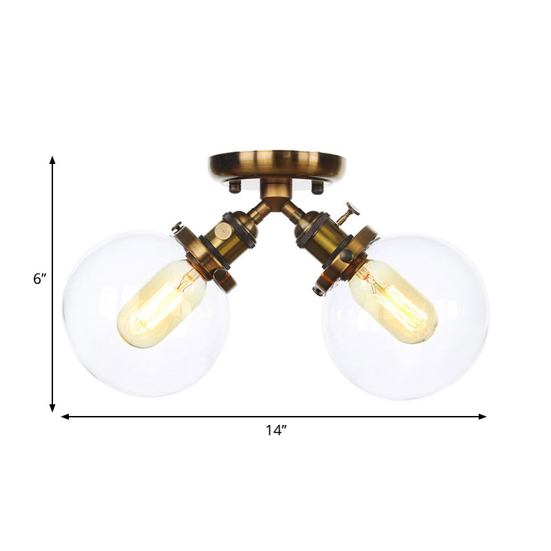 Global Restaurant Semi Flush Light Metal and Amber/Clear Glass 2 Heads Farmhouse Style Ceiling Lamp in Black/Bronze Clearhalo 'Ceiling Lights' 'Close To Ceiling Lights' 'Close to ceiling' 'Semi-flushmount' Lighting' 258775