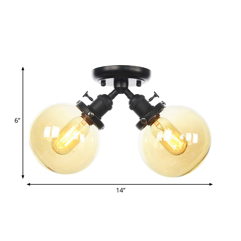 Global Restaurant Semi Flush Light Metal and Amber/Clear Glass 2 Heads Farmhouse Style Ceiling Lamp in Black/Bronze Clearhalo 'Ceiling Lights' 'Close To Ceiling Lights' 'Close to ceiling' 'Semi-flushmount' Lighting' 258777