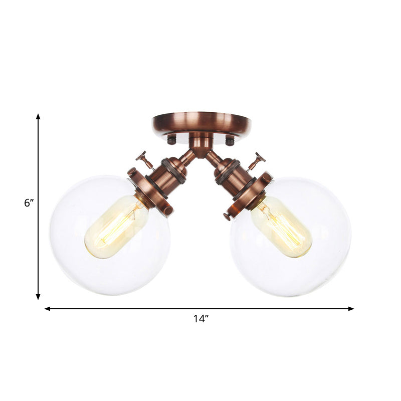 Global Restaurant Semi Flush Light Metal and Amber/Clear Glass 2 Heads Farmhouse Style Ceiling Lamp in Black/Bronze Clearhalo 'Ceiling Lights' 'Close To Ceiling Lights' 'Close to ceiling' 'Semi-flushmount' Lighting' 258778